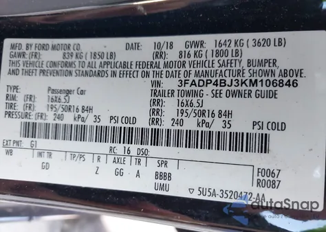 2019 Ford Fiesta Se из США, поврежденный, VIN 3FADP4BJ3KM106846